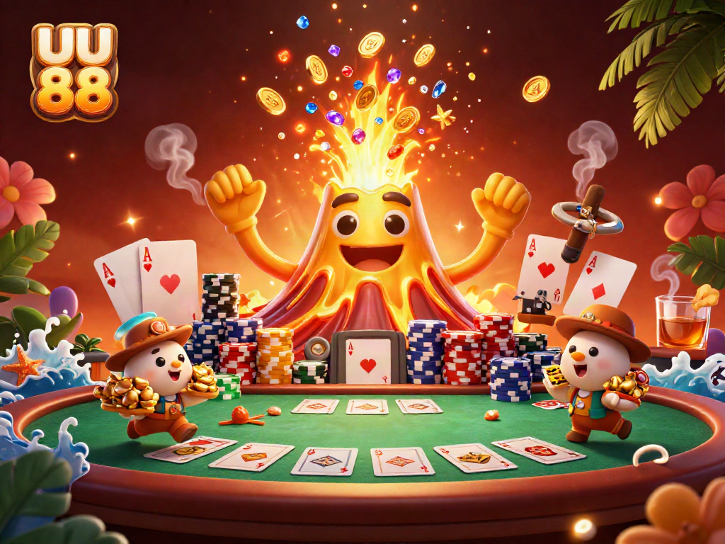 Win big at uu 88 with treasures from a lively casino adventure featuring a volcano, poker elements, and vibrant colors.