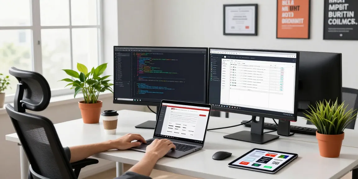 A software developer working at a modern desk looking at the WPS Official Website, showcasing a productive tech workspace.