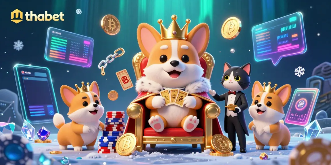 Experience thrill at thabet casino with a regal corgi, crypto elements, and vibrant gaming atmosphere.