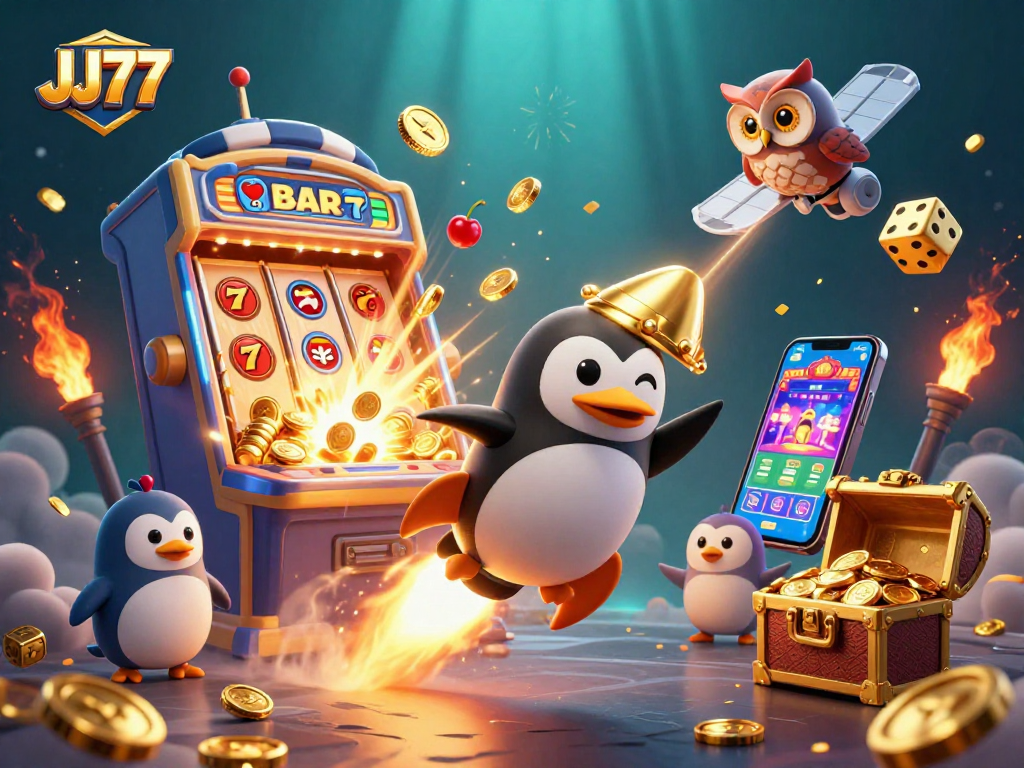 JJ77's golden penguin navigates a vibrant casino space with jackpots and rewards for players.