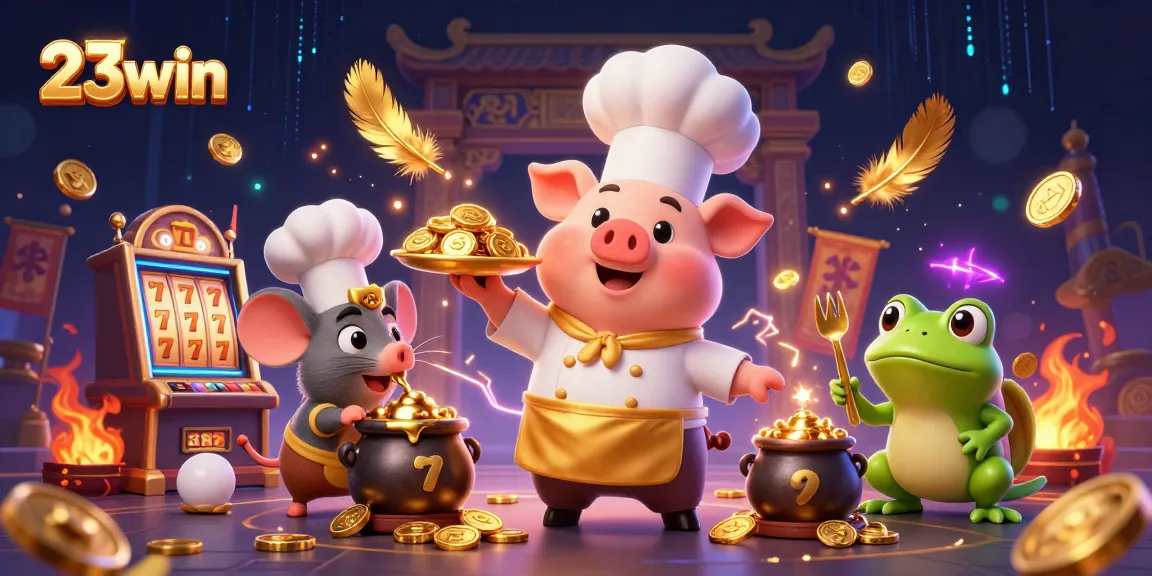 Experience the excitement of 23win with a cartoon chef and characters serving golden game rewards.