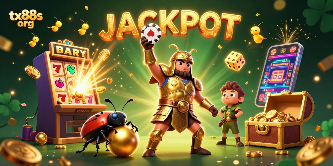 Win big at tx88s org with a vibrant 3D jackpot scene featuring lively characters and gaming elements.
