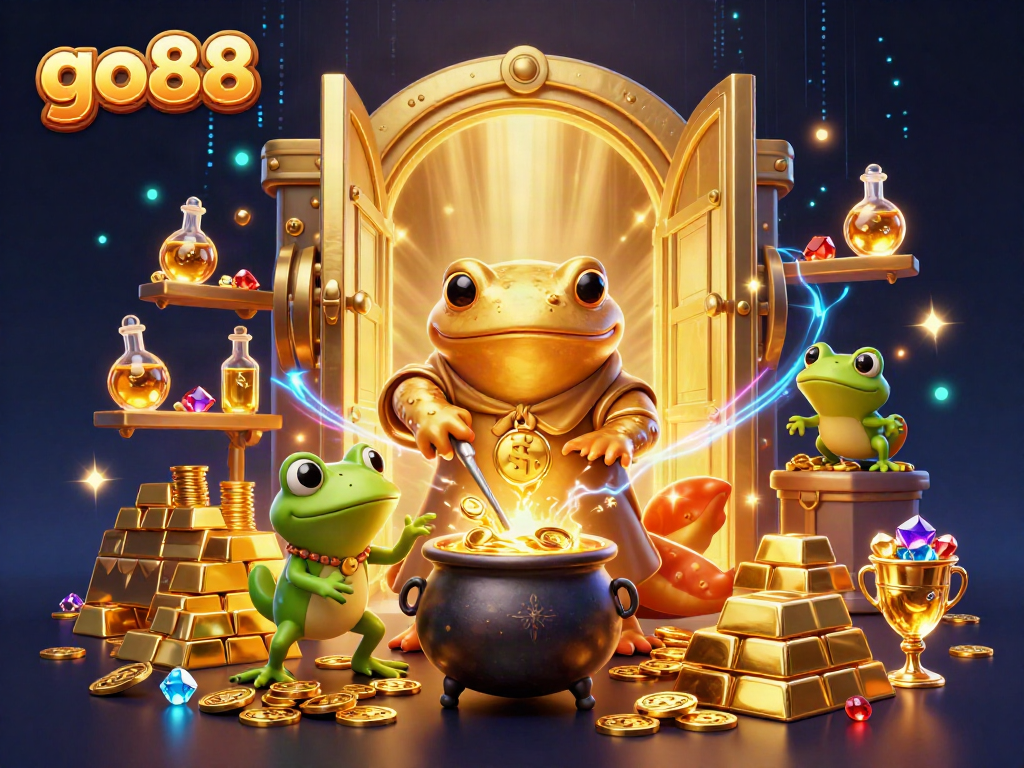 Experience go88's golden treasures unfolding in a vibrant fantasy casino scene.