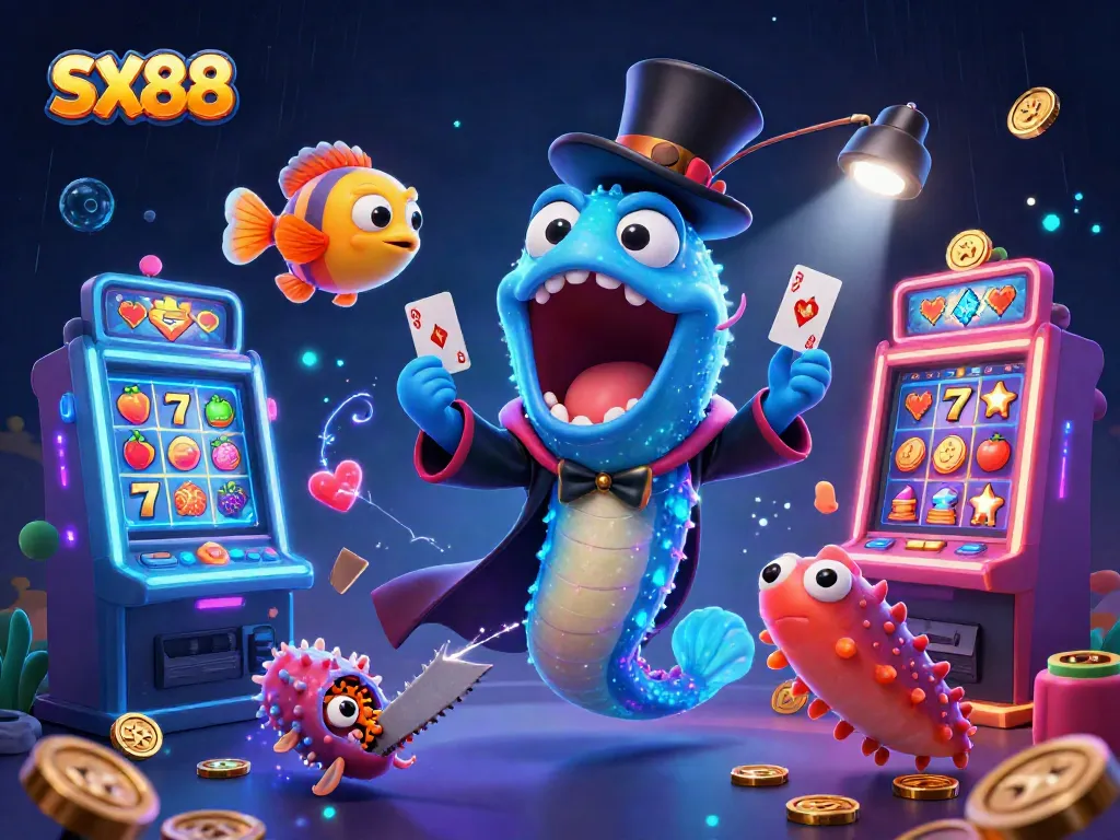 SX88 inspired cartoon characters perform casino magic tricks amidst vibrant slot machines