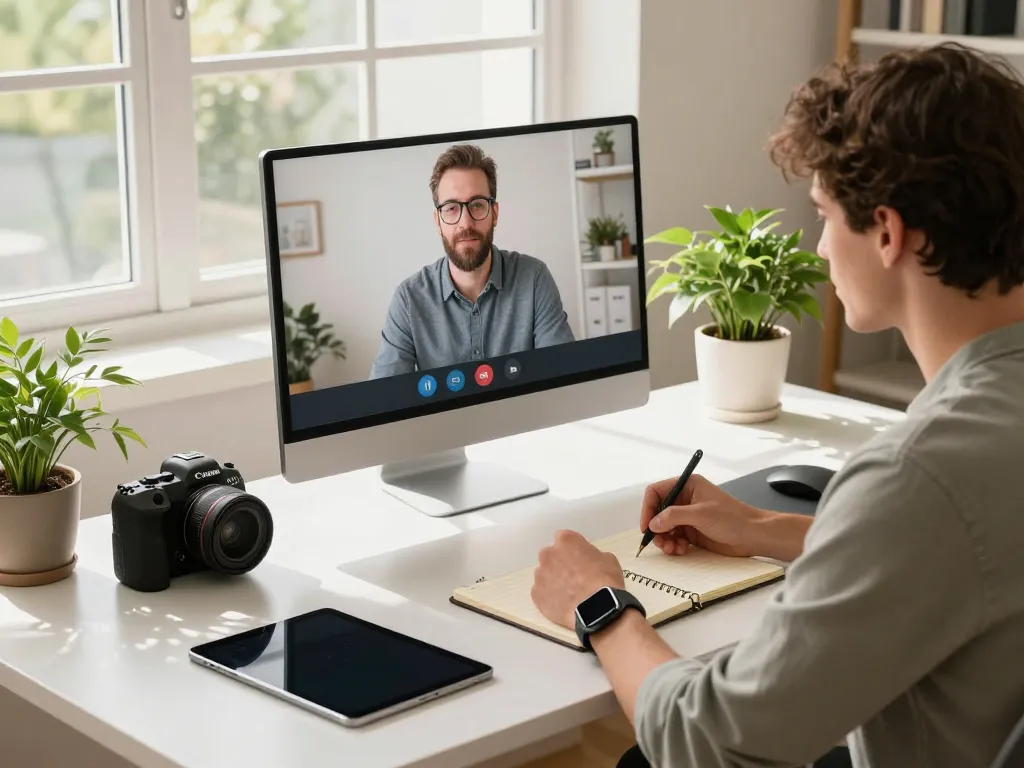 Individual utilizing smart tech gadgets in a modern home office, enhancing productivity and comfort.