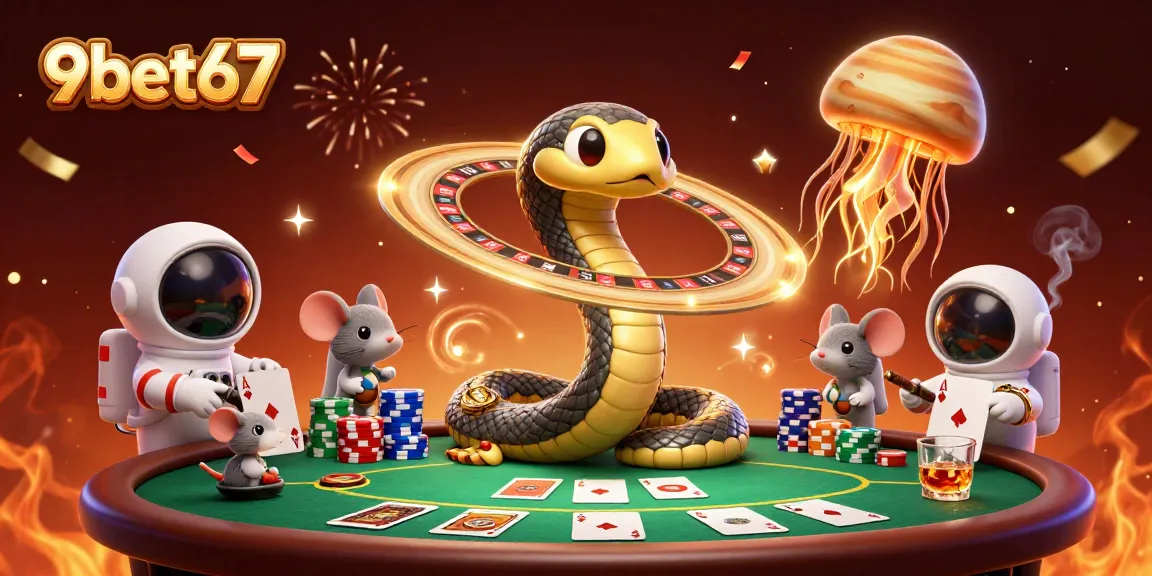 Bet on 9bet67 with a vibrant cosmic roulette scene featuring unique characters.