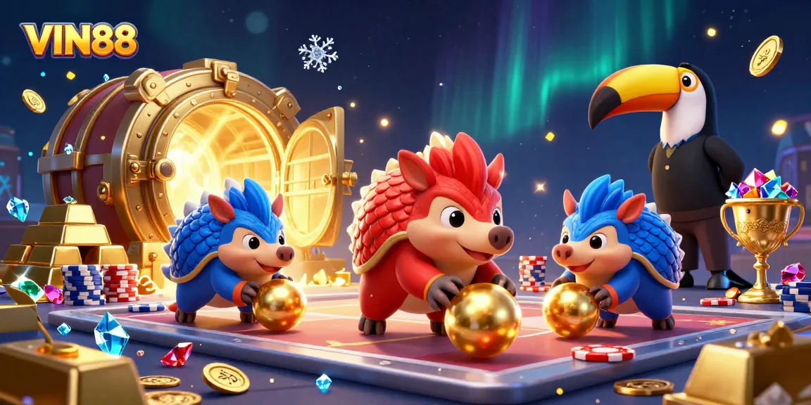 VIN88 pangolins rolling through poker chips, celebrating big wins in vibrant casino scene