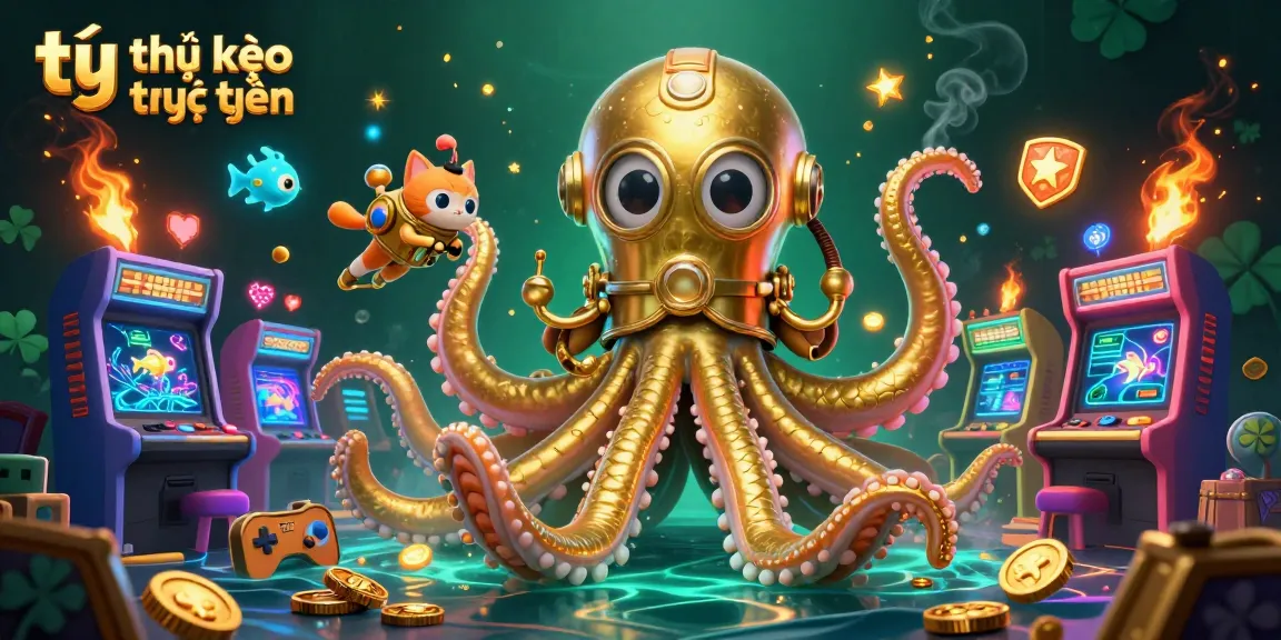 Experience the thrill of tỷ lệ kèo trực tuyến with a vibrant 3D gambling scene featuring a kraken and retro game elements.
