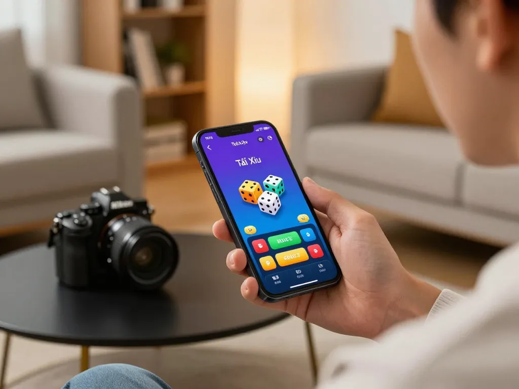 A player engaged with an app tài xỉu on their smartphone in a cozy living room, highlighting modern gameplay.