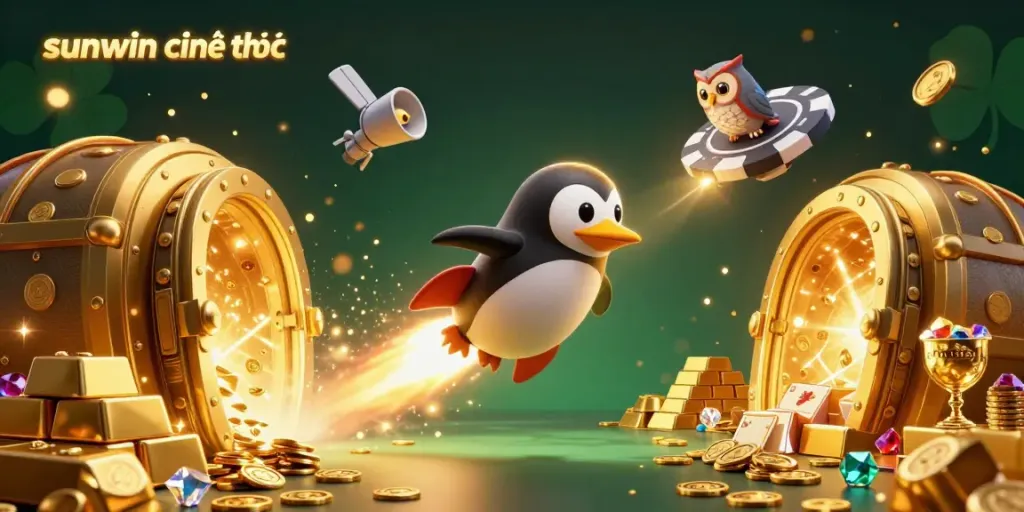 Join the fun at sunwin chính thức as a golden penguin rockets through a sparkling casino adventure!