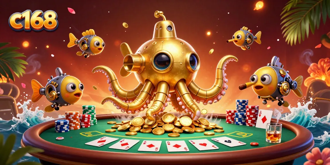 Engage in thrilling gameplay with c168 at a vibrant 3D underwater casino scene featuring a golden kraken.