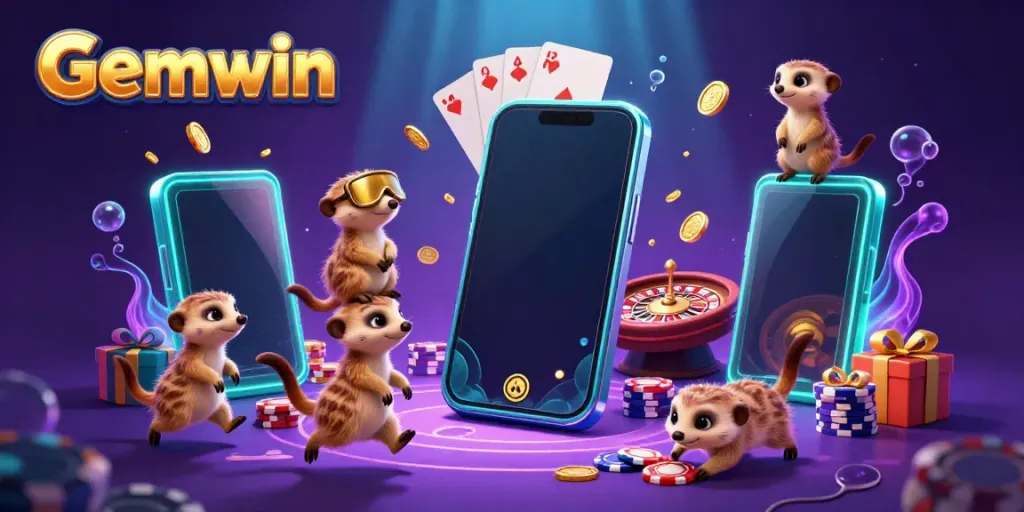 See meerkats operating a vibrant casino scene in this Gemwin-themed illustration, full of unique gaming elements.