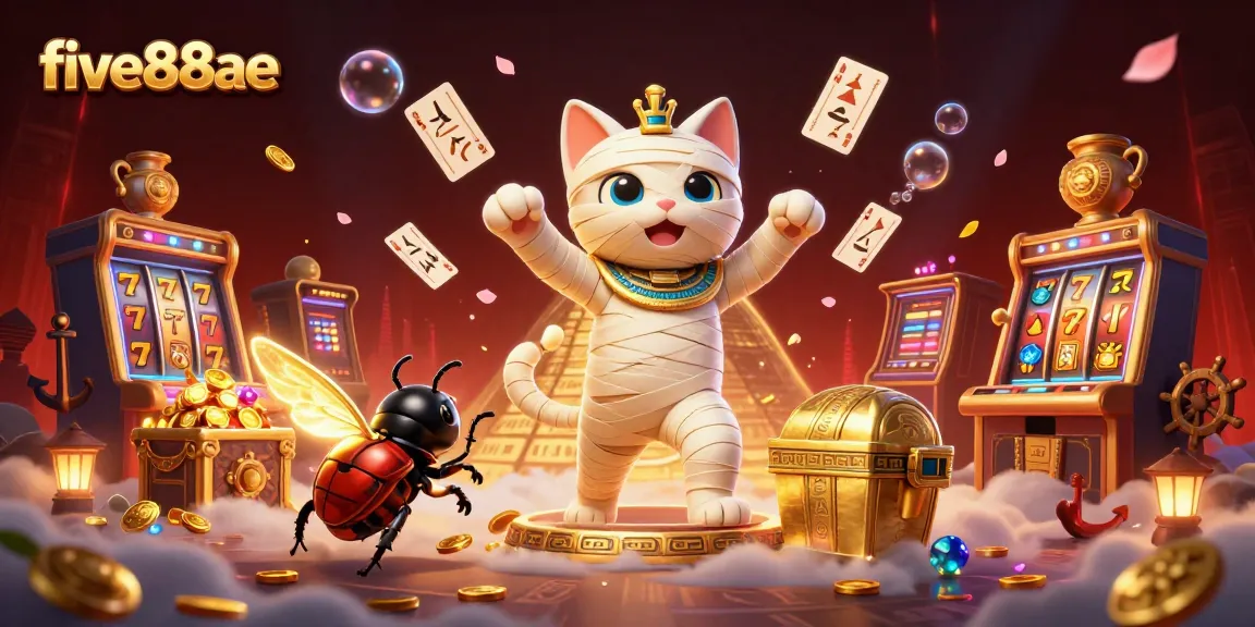 Experience thrilling games at five88ae with a lively casino scene featuring vivid characters and slot machines.