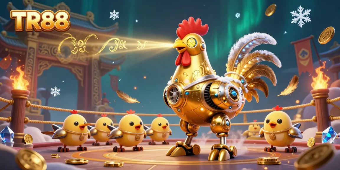Experience TR88 casino thrills with golden rooster robot and chick drones against a shimmering casino backdrop.