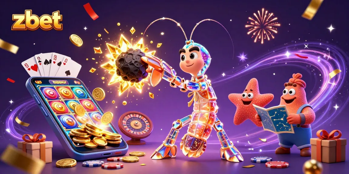 Zbet unleashes excitement as a mantis shrimp bursts through an asteroid, igniting golden coins in a vibrant casino atmosphere.