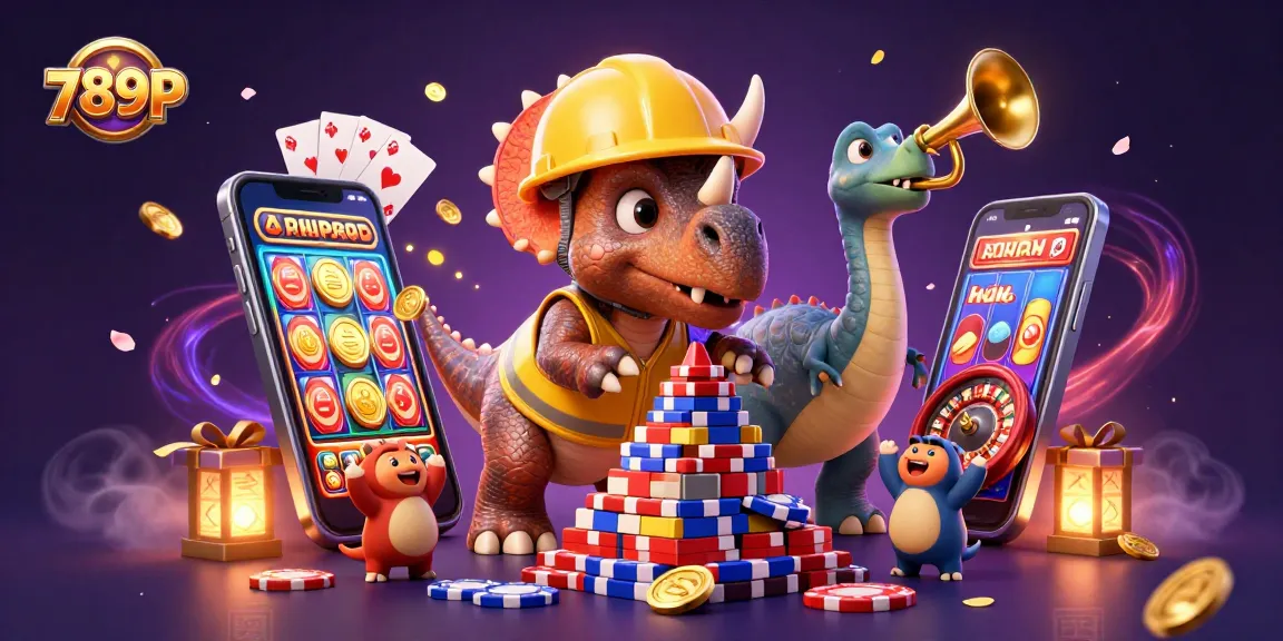 Experience the excitement of 789P with a vibrant casino scene of characters celebrating around games, tokens, and rewards.