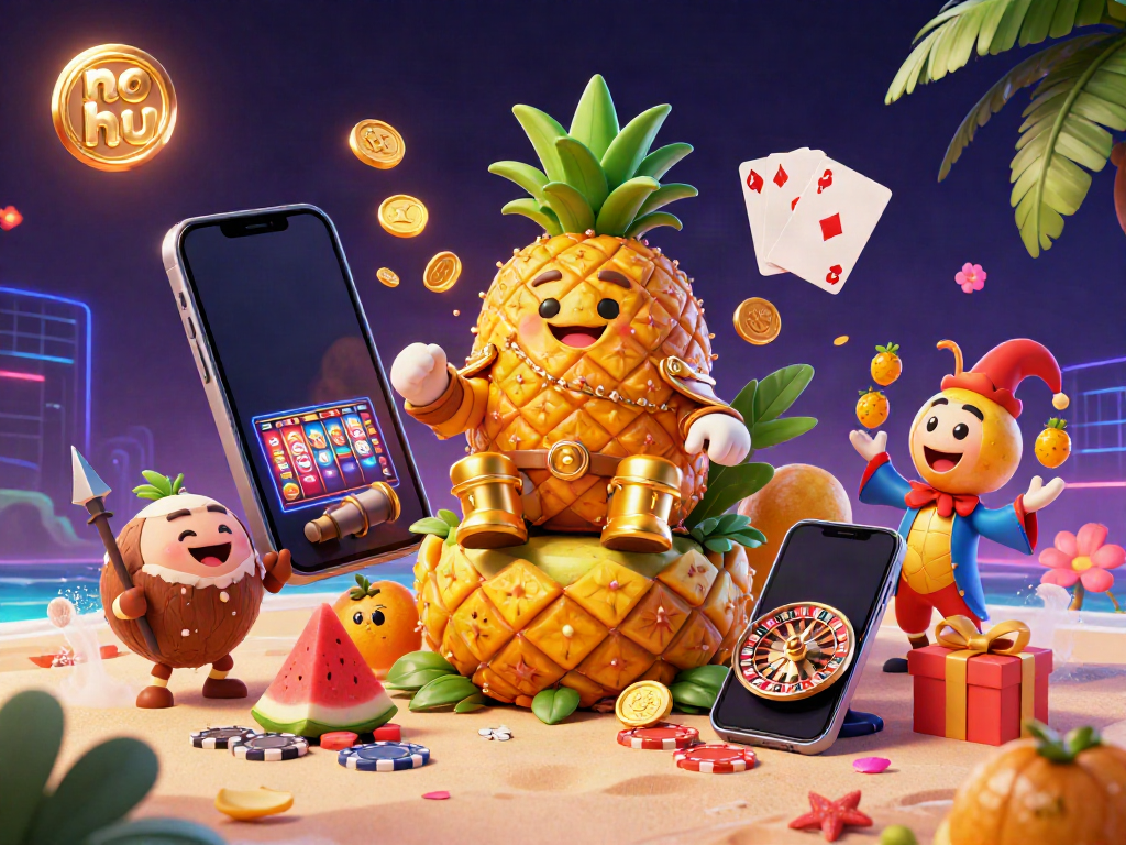 Experience thrilling slots at no hu with a dynamic casino scene featuring a pineapple king and vibrant elements.