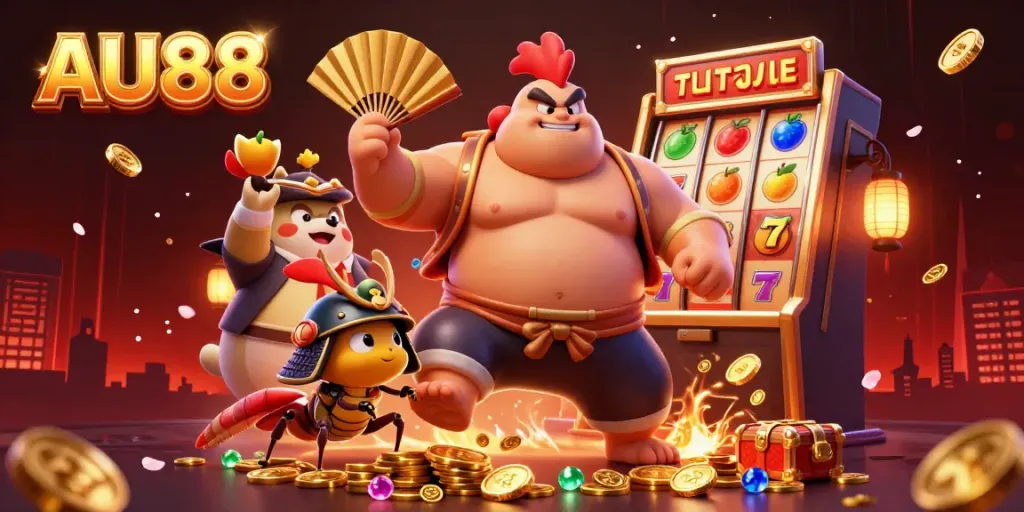Experience thrilling action at AU88 with a dynamic 3D illustration showcasing a powerful sumo rooster and samurai cricket amidst vibrant slot game elements.